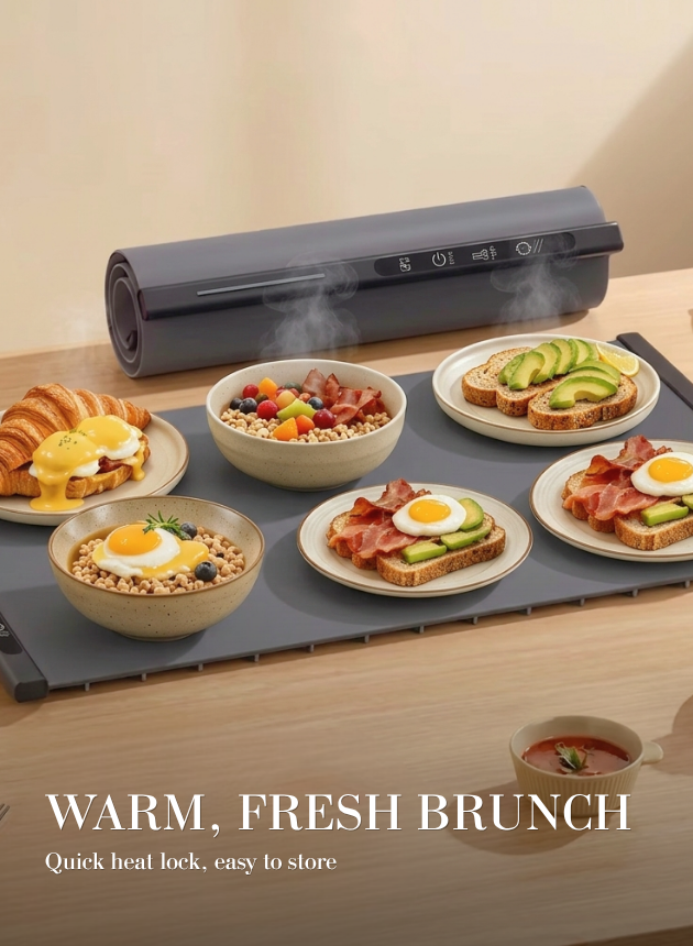 TFK Signature foldable warming tray on a cream countertop showing its 3cm architectural profile