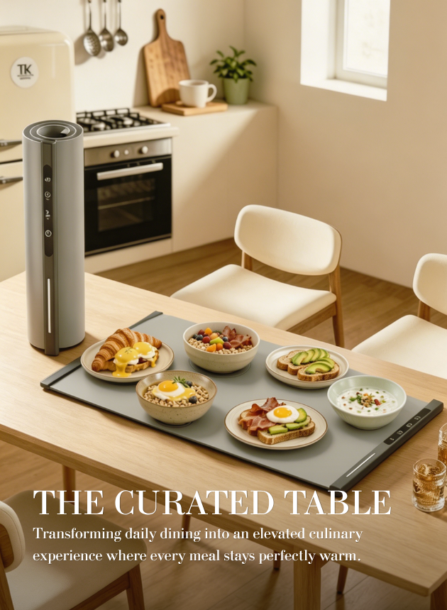 TFK Signature foldable warming tray on a cream countertop showing its 3cm architectural profile
