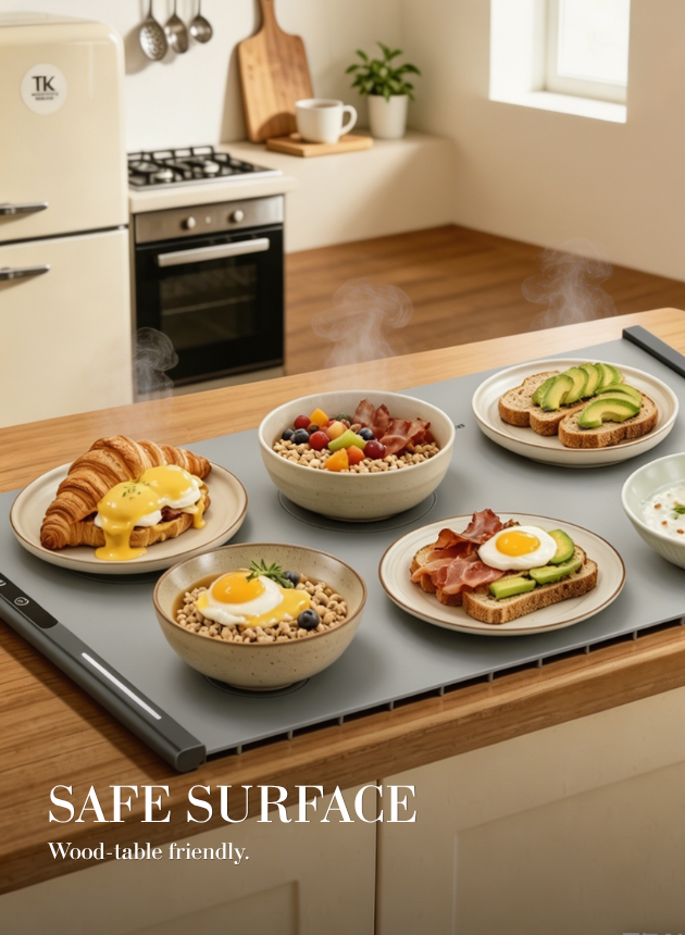 TFK Signature foldable warming tray on a cream countertop showing its 3cm architectural profile