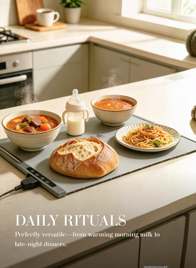 TFK Signature foldable warming tray on a cream countertop showing its 3cm architectural profile